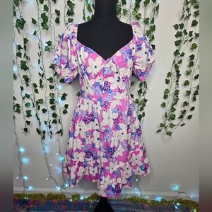 NWT Easel Boho Girly Flirty Pink White Blue Floral Puff Sleeve Sweetheart Dress